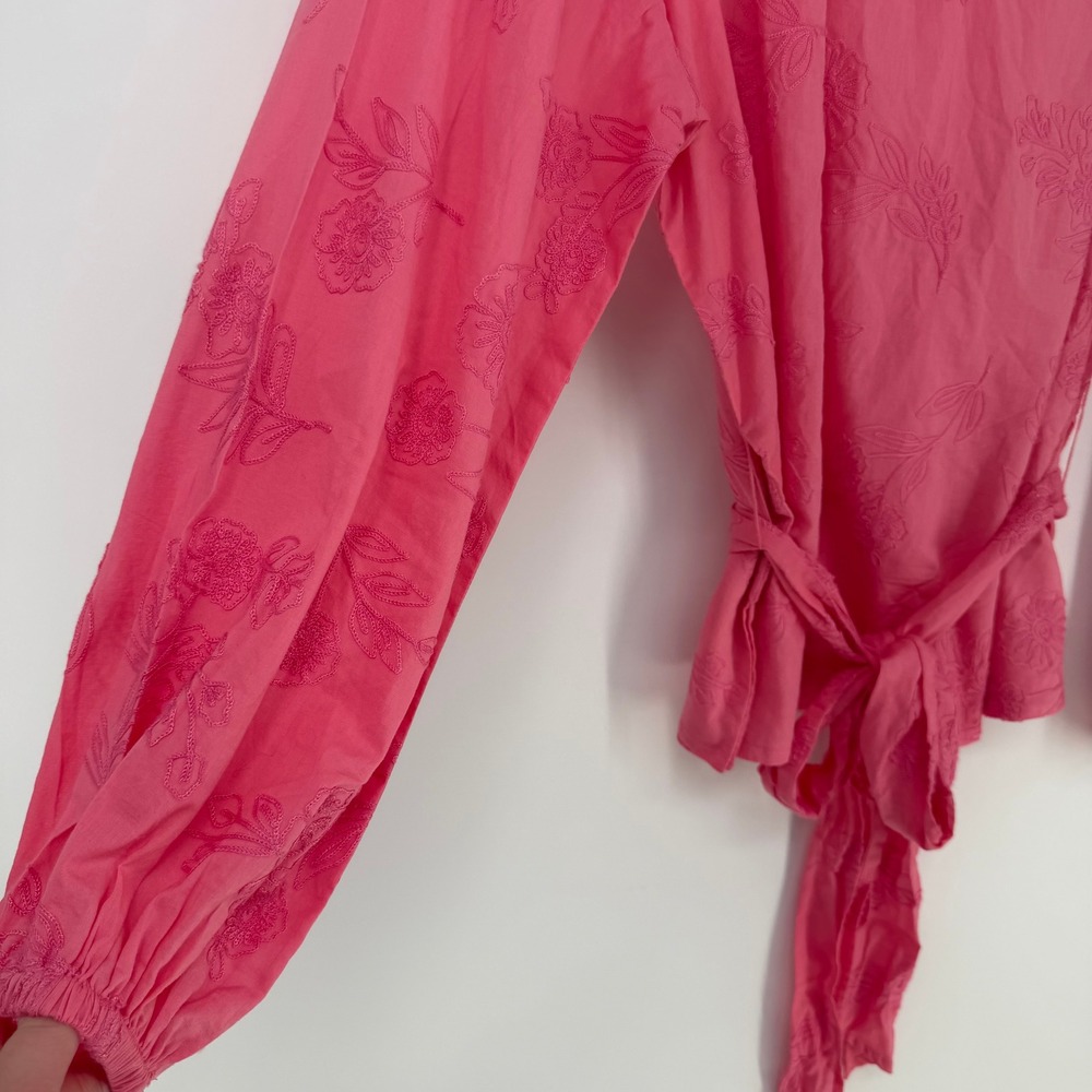 TWRHLL Christie Brinkley Blouse Womens XL Pink Embroidered Tie Waist Boho Top - Picture 2 of 10